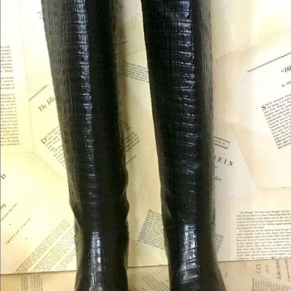 Urban Outfitters Vagabond Shoemakers Betsy Knee High Boot Black Leather Croc - Picture 5 of 7